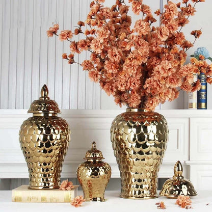 DecorBites™ Geometric Golden Porcelain Jar - Home Decor Vase & Storage Tank