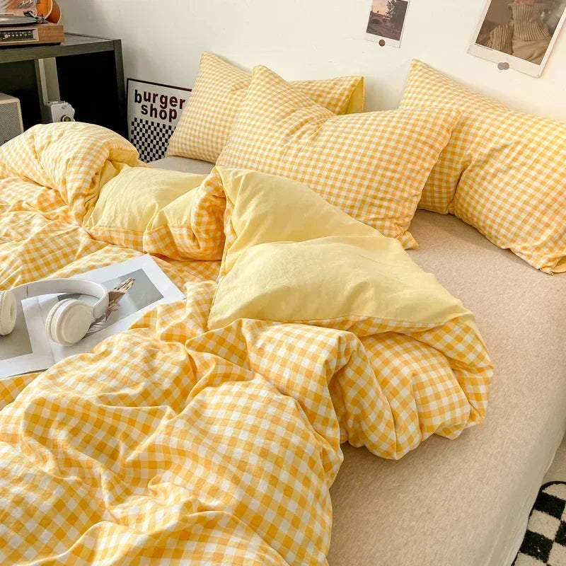 DecorBites™ Japanese Style Check Duvet Cover Set - Soft Washed Quilt Cover & Pillowcase