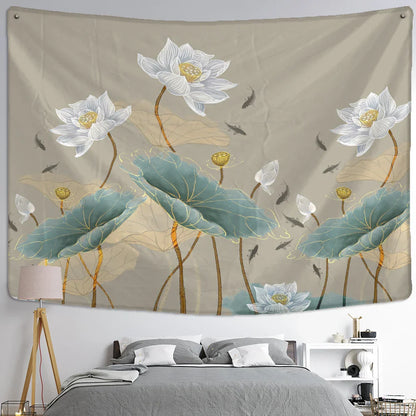 DecorBites™ Koi Lotus Ink Tapestry Wall Hanging - Bohemian Aesthetics Home Decor