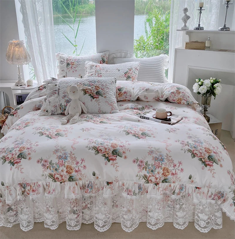 DecorBites™ French Floral Print Bedding Set: Duvet Cover, Lace Ruffles, Quilted Embroidery, Pillowcases