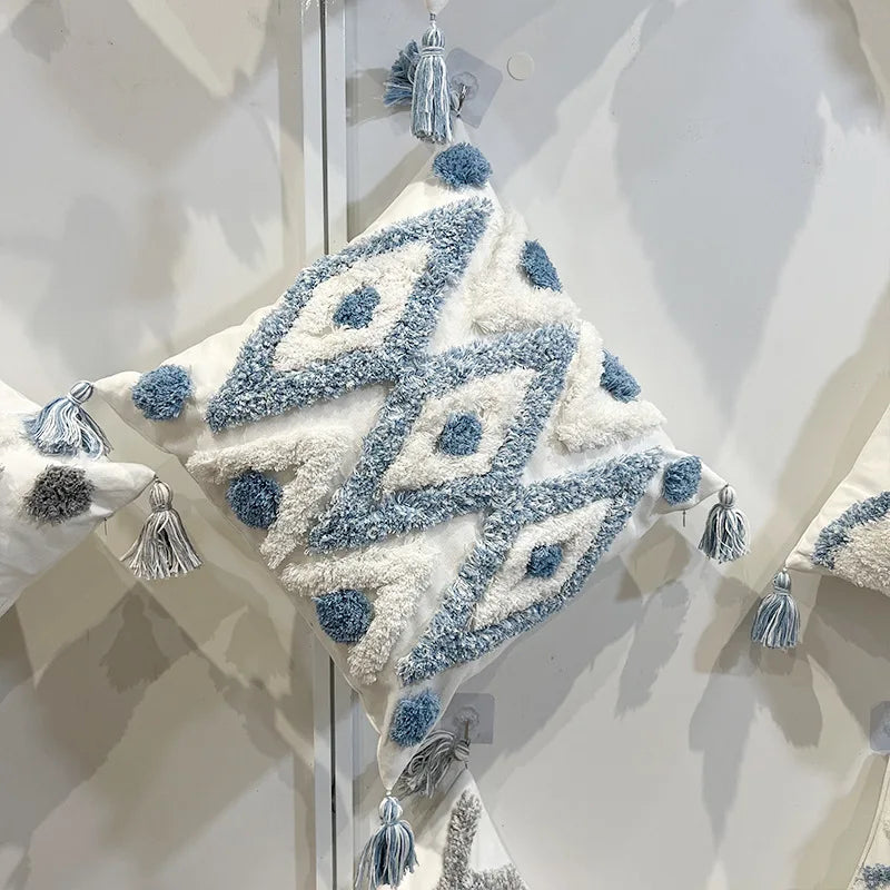 DecorBites™ Geometric Diamond Tufted Embroidery Pillowcases - Blue & White Fringed, 45x45/30x50cm