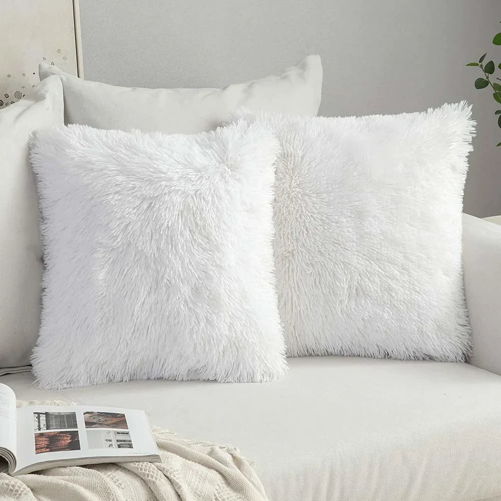 DecorBites™ Cozy Plush Fur Cushion Cover 43x43cm White Grey Sofa Decor Pillowcase