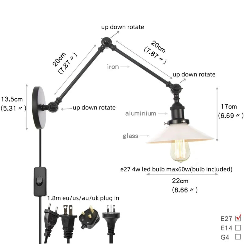 DecorBites™ Industrial Loft Swing Arm Wall Sconce Clear Glass Pull Chain Switch Bedside Lamp