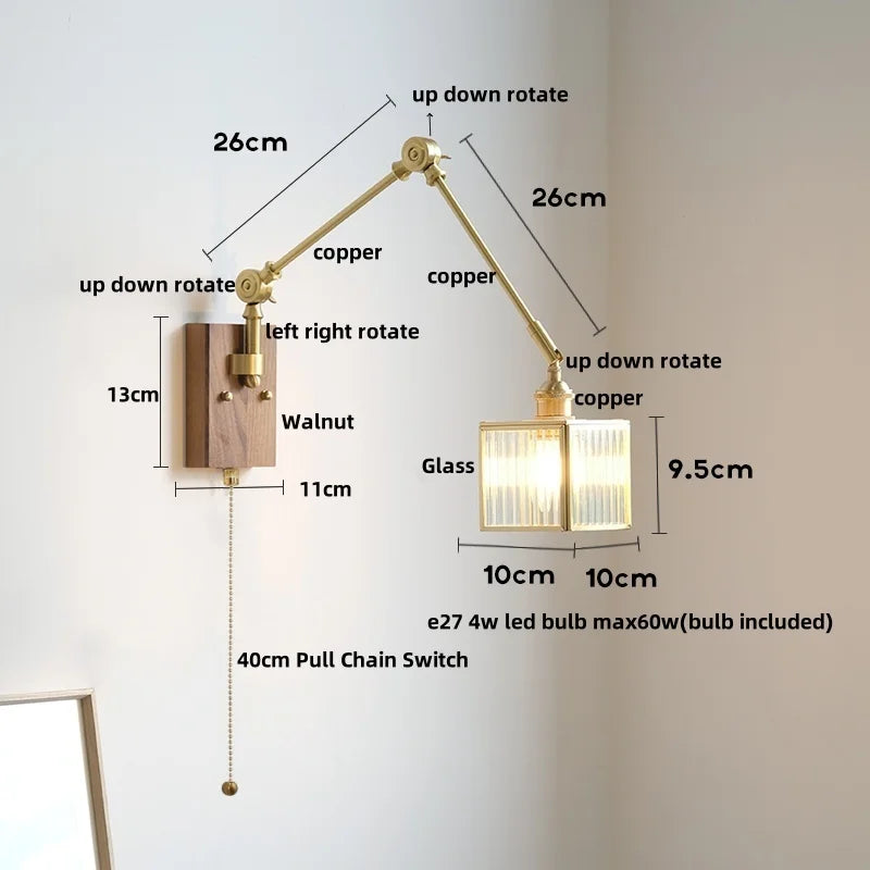 DecorBites™ LED Walnut Wood Cube Glass Wall Light with Pull Chain Switch