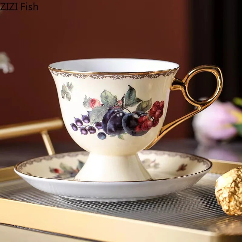 DecorBites™ Fruits Pattern Ceramic Coffee Mug Set Gold-plated Tea Cup Saucer Dining Juice Container