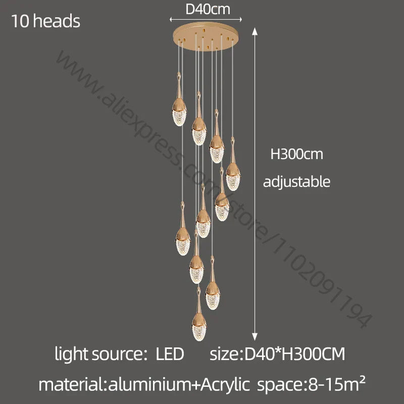 DecorBites™ Gold LED Staircase Chandelier | Luxury Large Living Room Pendant Lamp