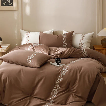 DecorBites™ Elegant Lily of the Valley Embroidery Brown Cotton Bedding Set