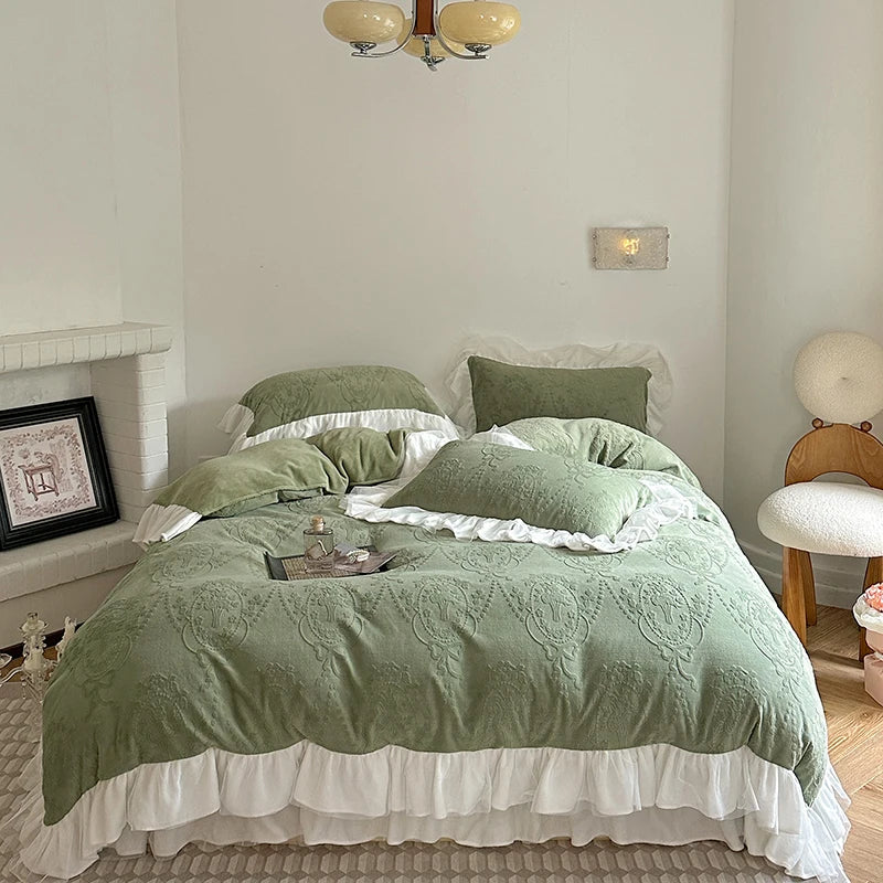 DecorBites™ French Carved Velvet Lace Ruffles Bedding Set, Coral Velvet Duvet Cover, Luxury Bed Sheet
