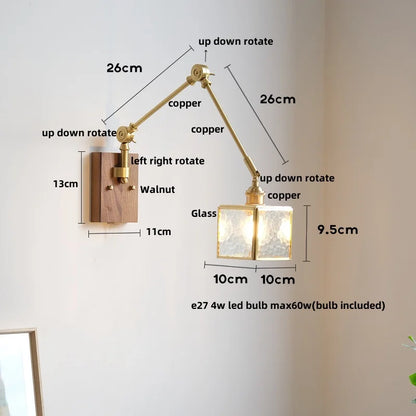 DecorBites™ Cube Glass LED Wall Sconce Walnut Wood Rotatable Mirror Light