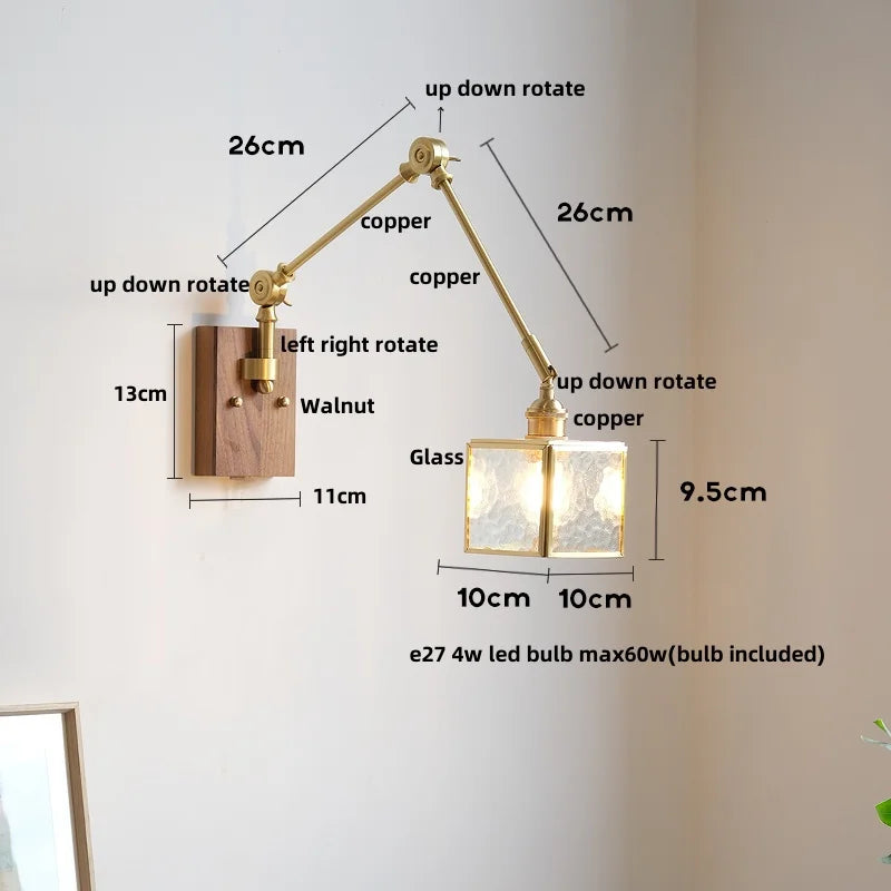 DecorBites™ LED Walnut Wood Cube Glass Wall Light with Pull Chain Switch