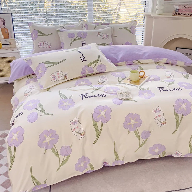 DecorBites™ Cozy Flower Print Bedding Set: Brushed Cotton, Skin-Friendly, Soft, Thick, 4Pcs