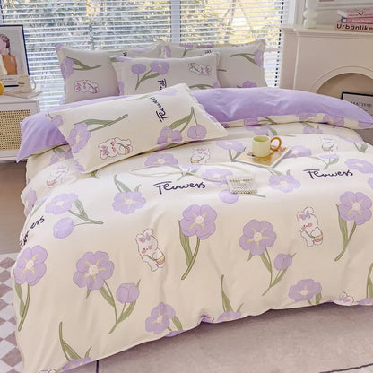 DecorBites™ Cozy Flower Print Bedding Set: Brushed Cotton, Skin-Friendly, Soft, Thick, 4Pcs