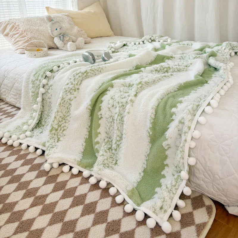 DecorBites™ Jacquard Fluffy Ball Lace Blanket | Double Sided Fluff Warm Sofa Cover