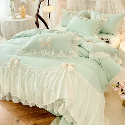 DecorBites™ Korean Lace Bow Bedding Set: Luxury Princess Quilt Cover for Girls Wedding Home Textiles