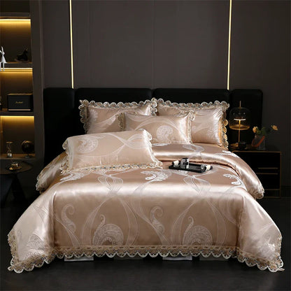 DecorBites™ Golden Jacquard Cotton Lace Bedding Set - Silky Soft Duvet Cover, Flat Sheet, Pillowcase