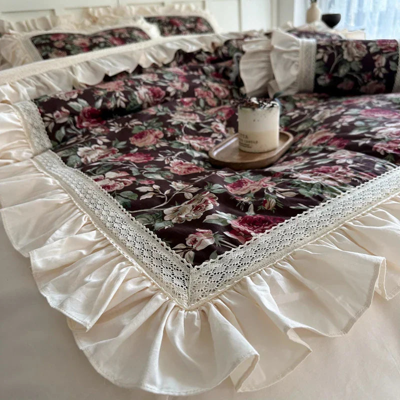 DecorBites™ French Rose Flowers Pattern Bedding Set, 100% Cotton, Ruffles, Duvet Cover, Bed Skirt