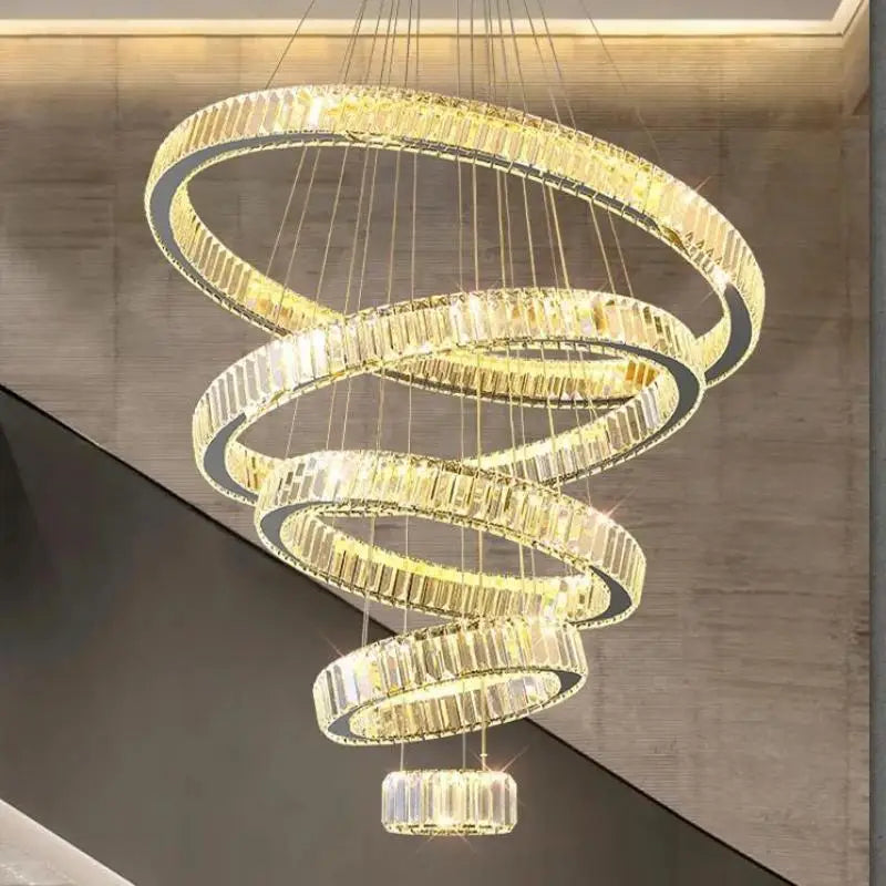 DecorBites™ Crystal Circle LED Chandelier: Nordic Modern Stairs Pendant Lighting with Dimmable LED for Living Room