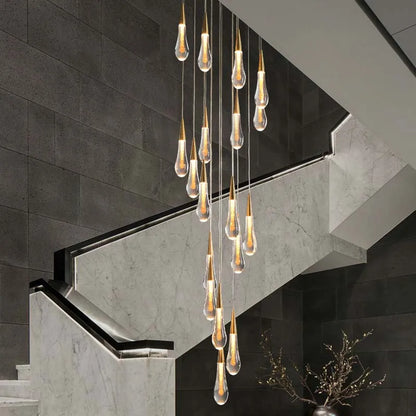 DecorBites™ Crystal Tear Drop Chandelier: Gold LED Pendant Light for Villa Staircase and Living Room