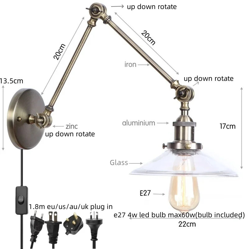DecorBites™ Industrial Adjustable LED Wall Sconce with Clear Glass Shade