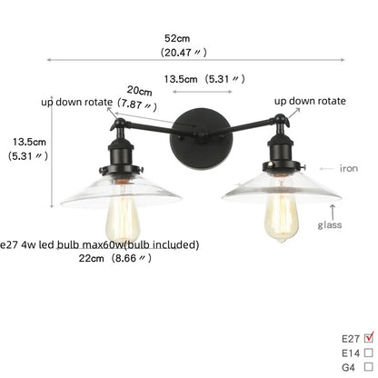 DecorBites™ Industrial LED Wall Light Fixture with Glass Pull Chain Switch - 2 Heads
