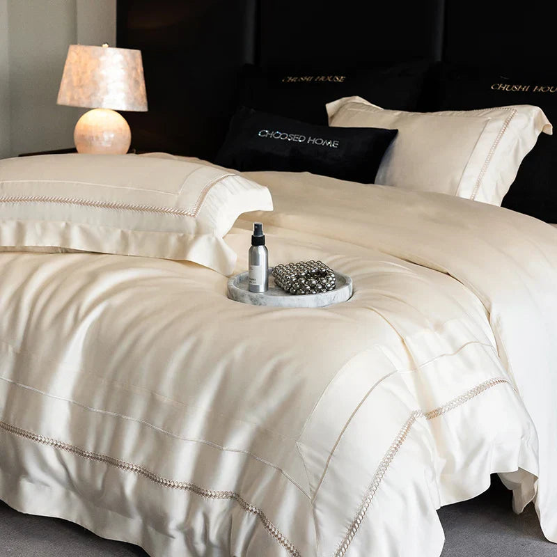 DecorBites™ Light Champagne Luxury Embroidery Bedding Set with 1000TC Egyptian Cotton - 4Pcs