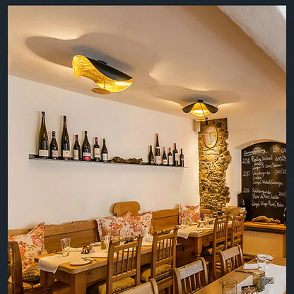 DecorBites™ Lederam Manta Pendant: Industrial Black & Gold Ceiling Light with Lotus Leaf Design