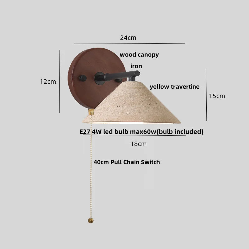 DecorBites™ LED Yellow Travertine Wall Light with Wood Pull Chain Switch and Iron Frame
