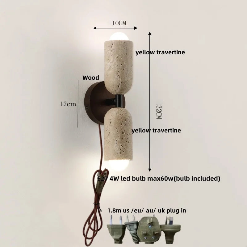 DecorBites™ LED Wall Light Fixture Yellow Travertine Stone Modern Bedside Lamp