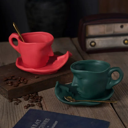 DecorBites™ Frosted Ceramic Face Mug Set: Cup, Saucer, Spoon for Coffee, Tea, Milk