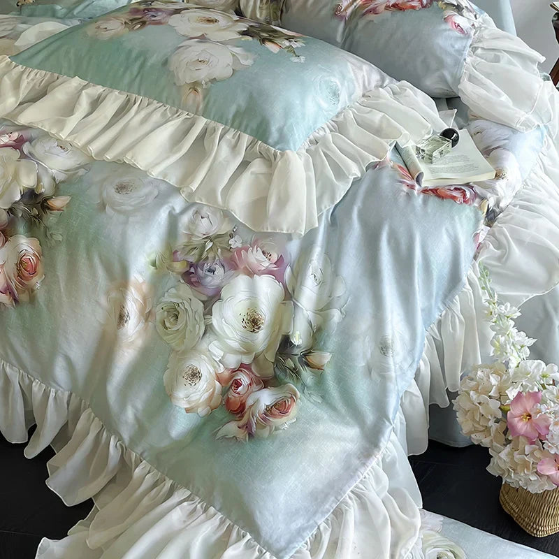 DecorBites™ French Flowers Lace Ruffles Bedding Set: Soft Silky Ice Silk for Single Queen King