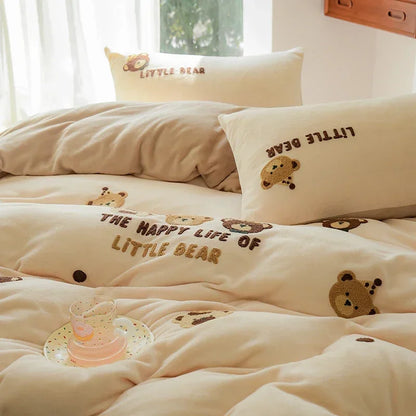 DecorBites™ Embroidered Fleece Winter Bedding Set: Duvet Cover, Sheet, Quilt, Pillowcases