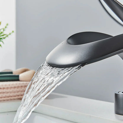 DecorBites™ Black Brass Waterfall Basin Faucet, Single Handle Deck Mount Vanity Tap
