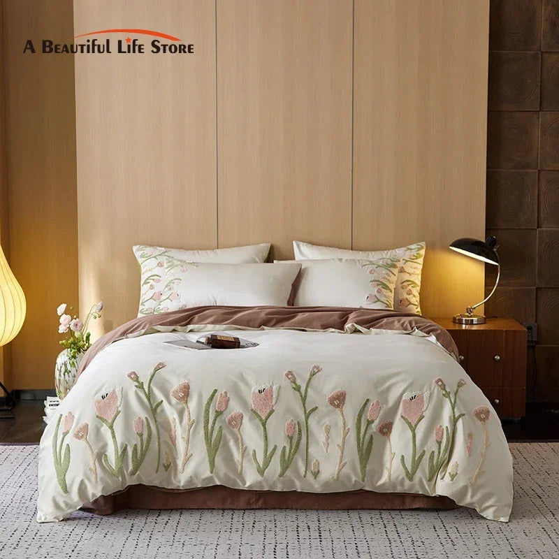 DecorBites™ 4-Piece Egyptian Cotton Tulip Towel Embroidery Bedding Set
