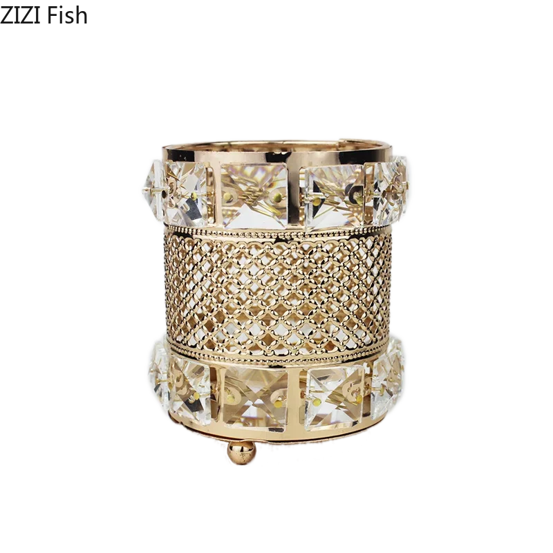 DecorBites™ Gold Plated Hollow Glass Jar: Elegant Makeup Brush & Pen Holder