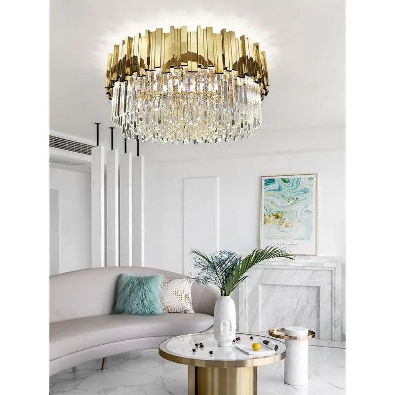 DecorBites™ Gold Crystal Ceiling Lamp: Modern LED Lighting Fixtures for Luxurious Living Rooms.
