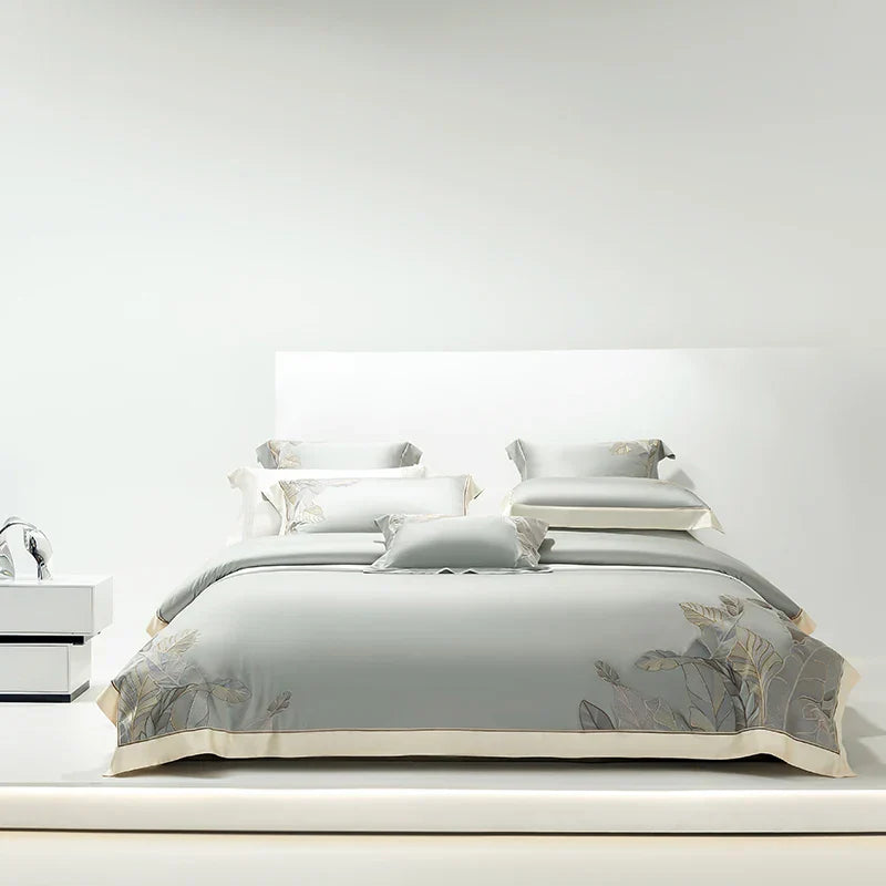 DecorBites™ Eucalyptus Lyocell Soft Silky Cool Bedding Set with Leaves Embroidery
