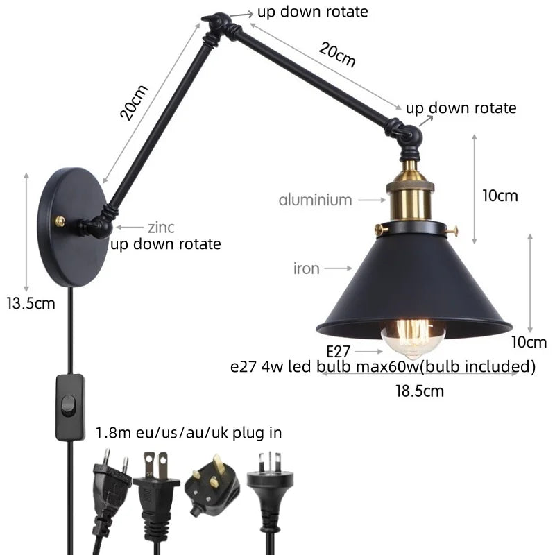 DecorBites™ Gold Long Arm LED Wall Sconce with Pull Chain Switch, Adjustable Industrial Bedside Lamp