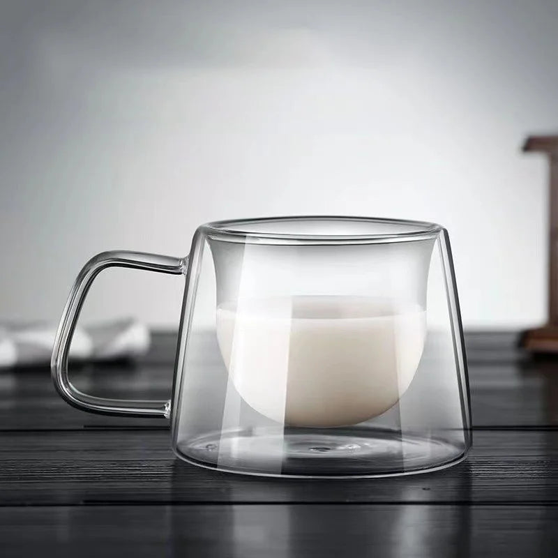 DecorBites™ Glass Double Wall Coffee Mug with Handle, 200ml Heat-resistant Espresso Cup
