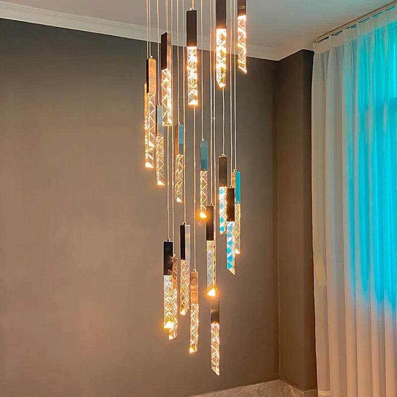 DecorBites™ Gold Crystal Stairs Chandelier Luxe LED Pendant Light Luxury Indoor Lighting