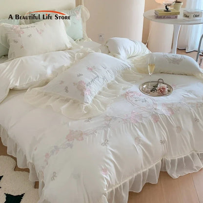 DecorBites™ 4Pcs Flowers Embroidery Princess Queen Bedding Set with Lace Ruffles