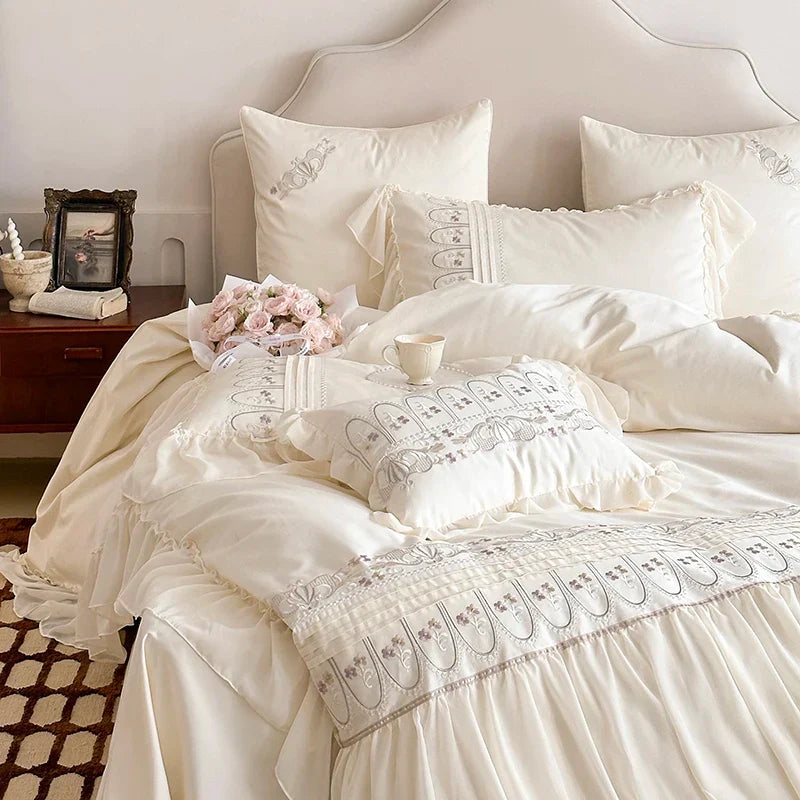 DecorBites™ Flowers Embroidery Princess Wedding Lace Bedding Set 1200TC Cotton Duvet Cover Flat Sheet Pillowcases