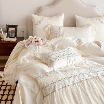 DecorBites™ Flowers Embroidery Princess Wedding Lace Bedding Set 1200TC Cotton Duvet Cover Flat Sheet Pillowcases