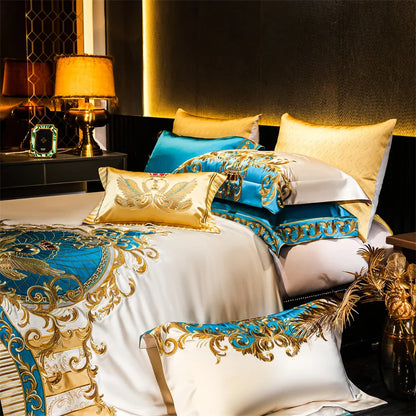 DecorBites™ Embroidered Gold Blue Brocade Cotton Bedding Set with Duvet Cover, Sheets, Pillowcases