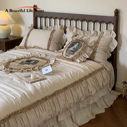 DecorBites™ French Lace Ruffles Vintage Bedding Set, 100% Cotton, Queen/King, 4Pcs