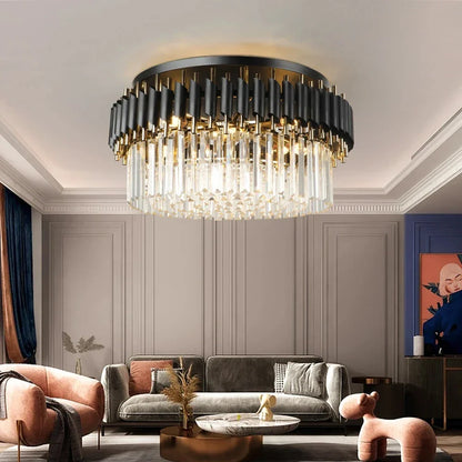 DecorBites™ Gold Black Crystal Ceiling Chandelier - Round LED Pendant for Living Room Lighting