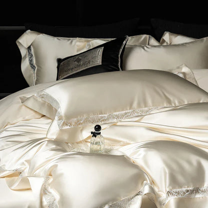 DecorBites™ Luxe Brocade & Egyptian Cotton Bedding Set with Hollow Lace Edge