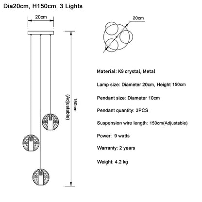 DecorBites™ Crystal Ball LED Chandelier Pendant Light for Living Room Kitchen Stair Salon