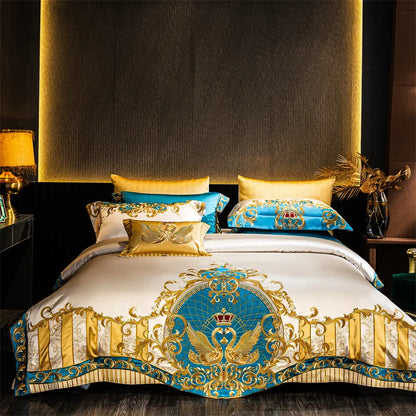 DecorBites™ Embroidered Gold Blue Brocade Cotton Bedding Set with Duvet Cover, Sheets, Pillowcases