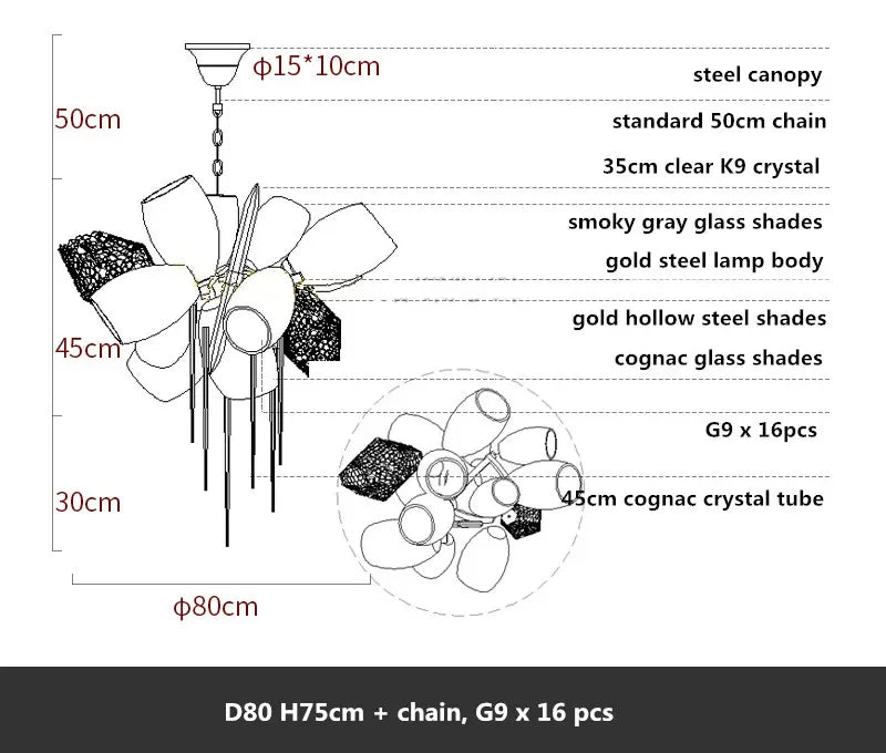 DecorBites™ Glass Shades LED Chandelier Stairs Art Metal Lighting Luxe Chain Hanging Lamp