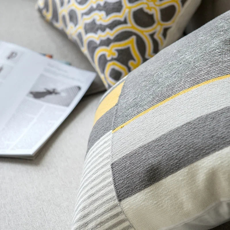 DecorBites™ Geometric Canvas Cotton Cushion Cover - Yellow Grey/White Embroidery Square Pillow Cover